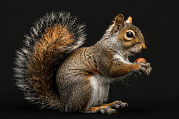 A squirrel is sitting on a black background and eating an acorn - Powered by Adobe