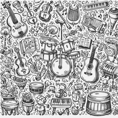 A delightful black and white line art illustrationmusical instruments and elements. The childish style artwork includes a guitar, violin, saxophone, drums, and more. For coloring book design