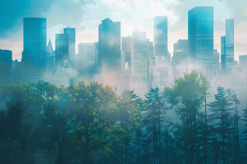 A cityscape with a green forest in the background. The city is full of tall buildings and the trees...