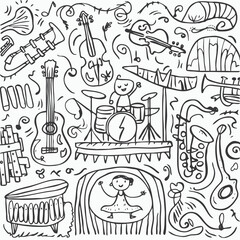 hand drawn set of children playing music for coloring book design