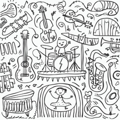 Obraz premium hand drawn set of children playing music for coloring book design