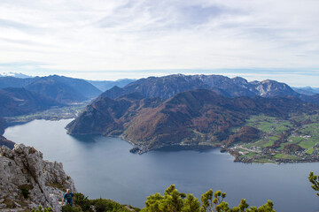 Lake Traunsee and Alps seen from Traunstein, Upper Austria, Austria - 783885289