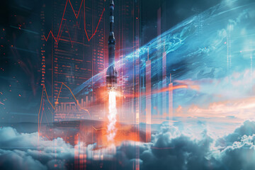 Fototapeta premium A futuristic cityscape with a rocket launching into the sky