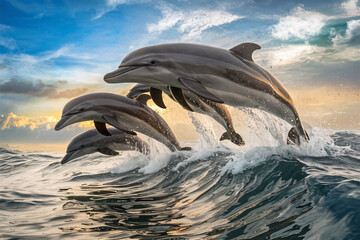 dolphin jumping in water - obrazy, fototapety, plakaty