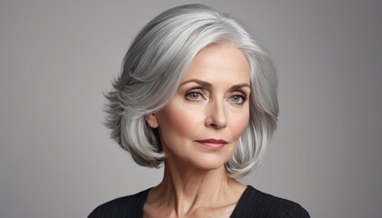 A mature woman with a serene expression and luxurious gray hair contemplates in a subtle, elegant manner.