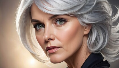 A digital illustration of an elegant senior woman with styled silver hair and a confident look.