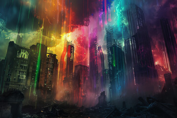 A cityscape with a rainbow in the sky