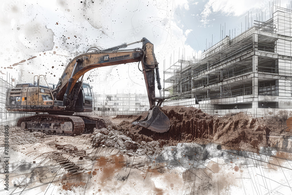 Poster a construction site with a large building in the background and a large construction machine in the 