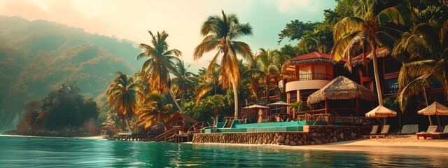 a tropical beach with a house on the water and palm trees - obrazy, fototapety, plakaty