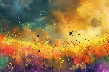 A painting of a field with many birds flying in the sky. The painting is full of colors and has a bright and cheerful mood