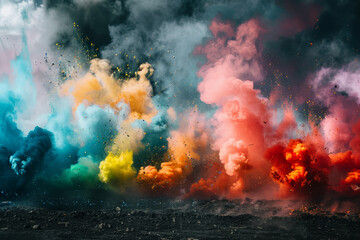 A colorful explosion of smoke and fire in the sky. The colors are vibrant and the smoke is billowing out in all directions. Scene is chaotic and intense, with the smoke