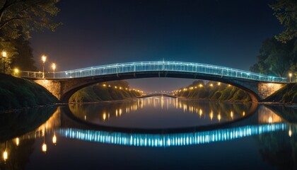 An enchanting night view of a well-lit bridge over a calm river, creating a mirror-like reflection on the water below