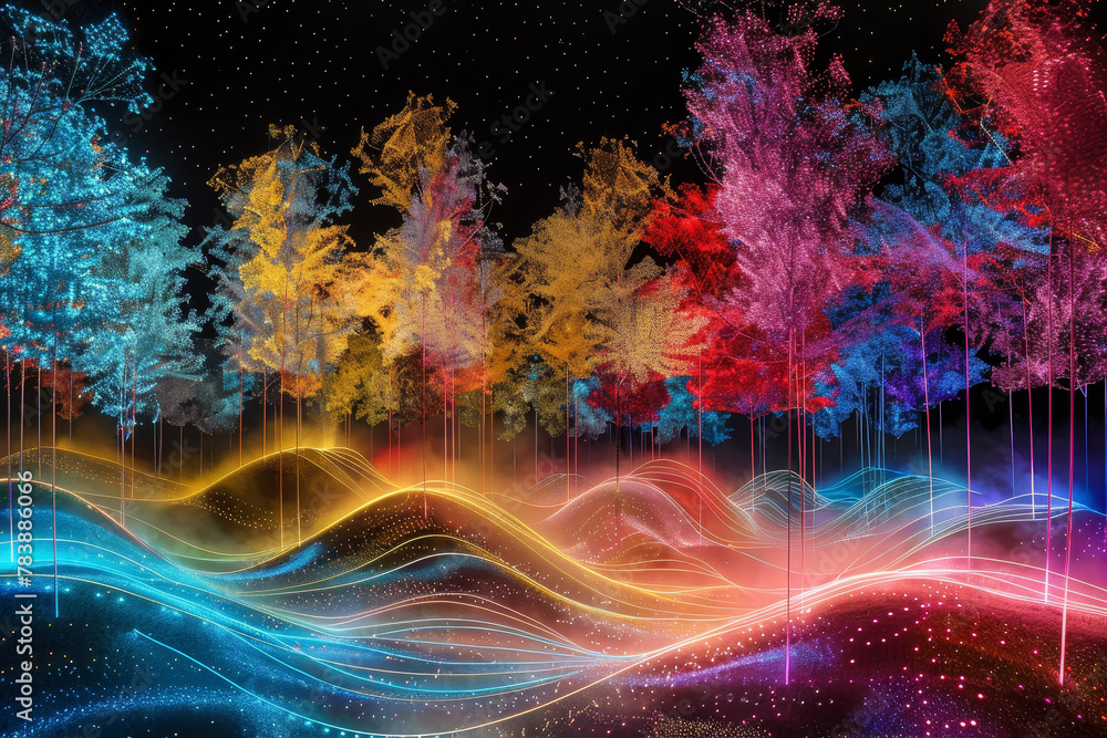 Poster a colorful forest with trees of different colors. the trees are lit up and appear to be glowing. sce