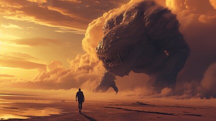 a man standing in front of a giant monster in a desert area - obrazy, fototapety, plakaty