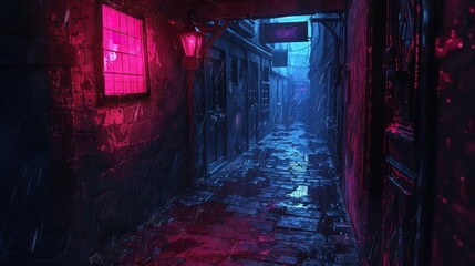 A photorealistic interpretation of a dimly lit alleyway in a vector art style Use unexpected camera angles to reveal hidden shadows and creepy details, evoking a sense of urban exploration horro - obrazy, fototapety, plakaty