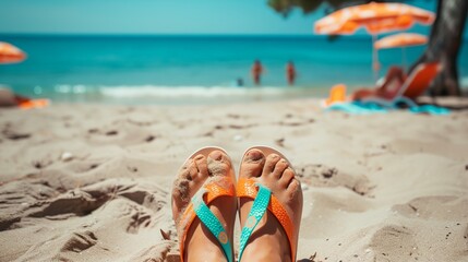 a person's feet in a pair of flip flops on a beach with umbrellas in the background