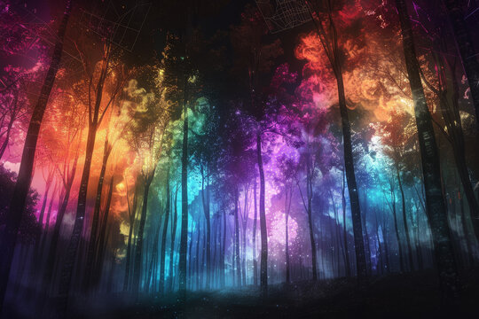 A forest with trees in a rainbow of colors. Scene is bright and cheerful