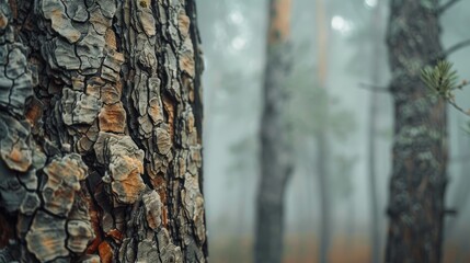 Fototapeta premium Detailed texture of tree bark in a misty forest