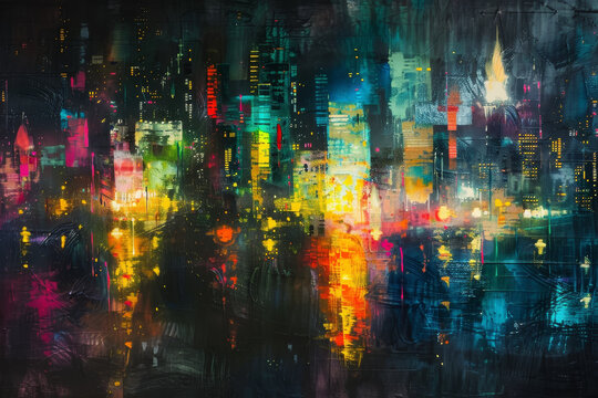 A painting of a city at night with neon lights and a dark sky. The painting is full of colors and has a vibrant and energetic mood