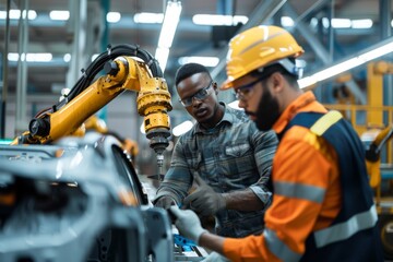 Two Men Working on a Machine in a Car Factory - obrazy, fototapety, plakaty