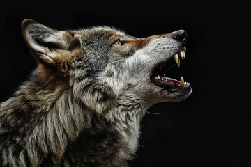 A wolf is shown with its mouth open, showing its teeth. The wolf appears to be in a fierce and aggressive mood
