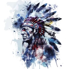An expressive watercolor painting of a Native American chief with a feathered headdress, merging vibrant colors and abstract elements.