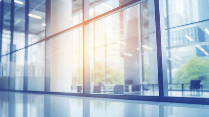 Blurred abstract grey glass wall of modern office background. Blue toning with sunlight