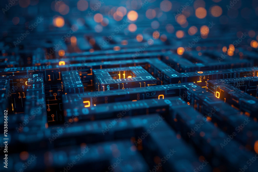 Aufkleber a computer chip is shown in a blue and orange color scheme. the image is abstract and has a futurist