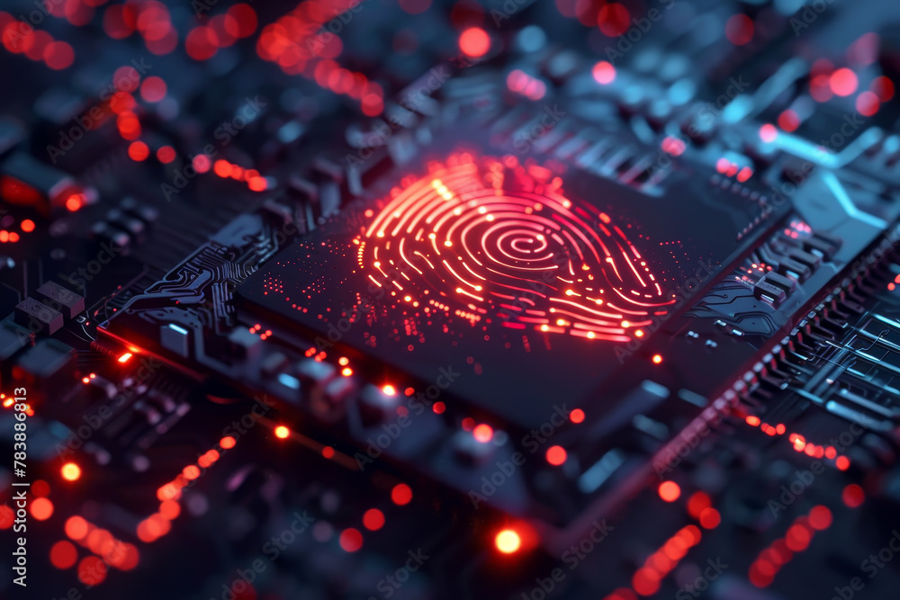 Poster a computer chip with a fingerprint on it. concept of technology and security