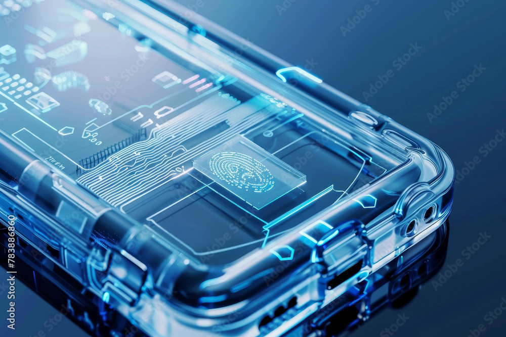 Poster a cell phone with a face on it is displayed on a circuit board. concept of technology and innovation