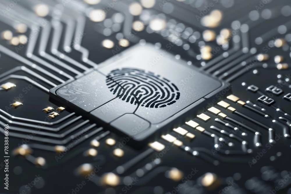 Poster a computer chip with a fingerprint on it. the fingerprint is a unique identifier for the person who 