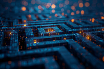 A computer chip is shown in a blue and orange color scheme. The image is abstract and has a futuristic feel to it - obrazy, fototapety, plakaty