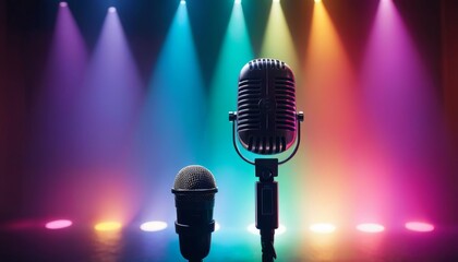 Retro microphones set against a backdrop of vivid stage lights, capturing a classic entertainment atmosphere