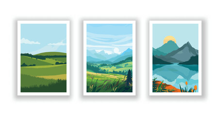 Summer Landscape - Sea View Poster, Cover, and Card Set with Beach, Mountains, and Typography Design