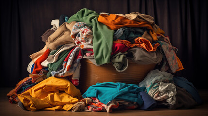 Fototapeta premium Concept problem of conscious consumption of clothing, people pollute environment of Earth with textiles. Disposable clothing lying in heap.