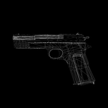 3d render Holographic animation of wireframe pistol spinning on black background