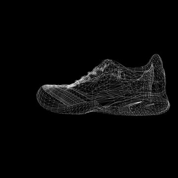 3d render Holographic animation of wireframe shoes spinning on black background