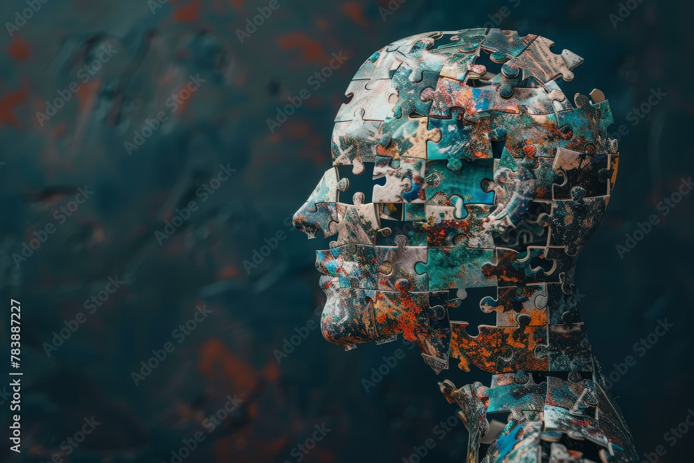 Aufkleber a colorful puzzle of a face with a missing piece. the puzzle is made up of many different colored pi