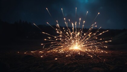 A captivating ground firework display ignites with sparks, lighting up the night in a breathtaking show of pyrotechnics on a secluded outdoor stage. - obrazy, fototapety, plakaty