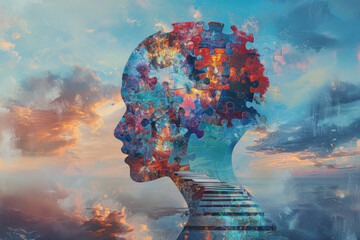 A colorful head with a blue sky background. The head is made up of many pieces, and the sky is filled with clouds. Scene is dreamy and imaginative - obrazy, fototapety, plakaty