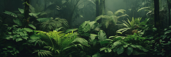 Sunlight filters through dense jungle, illuminating natural path. Panorama fantasy backdrop,...