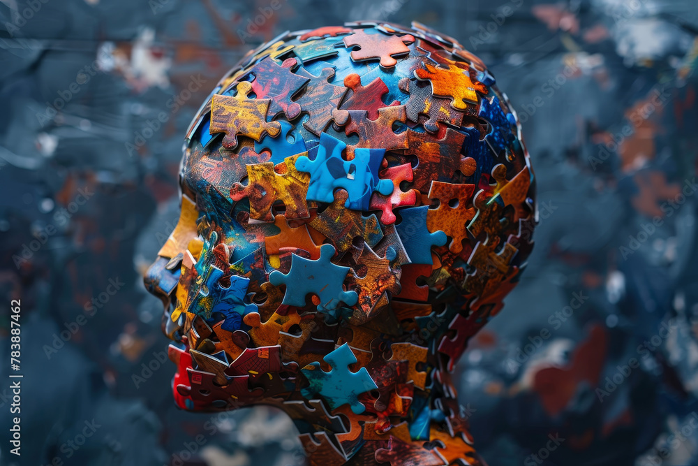 Poster a head made of puzzle pieces with a blue and red face. the puzzle pieces are colorful and arranged i
