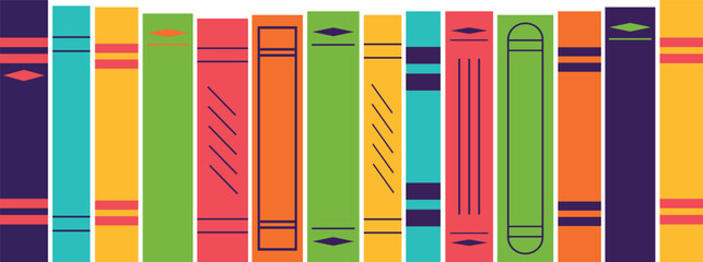 A row of multi-colored bright book spines on a transparent background. Isolated vector illustration.