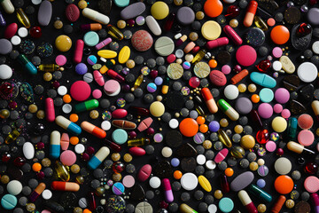 Fototapeta na wymiar A bunch of colorful pills scattered on a black background. The pills are of different shapes and sizes, and they are all mixed together. Concept of chaos and disorder
