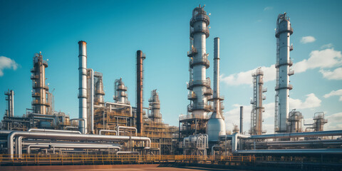 Obraz premium Industrial pipeline, oil and gas factory, blue color banner with sun ligh.