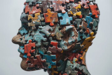 Naklejka premium A head made of jigsaw puzzle pieces. The head is made of many different colored pieces, and it looks like it is made of a single piece. The head is very abstract and has a lot of texture