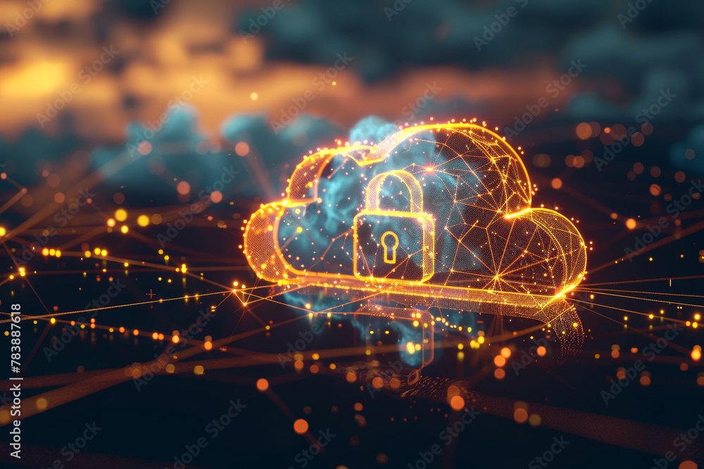 Poster a cloud with a key on it. the cloud is surrounded by a network of lines. concept of security and pro