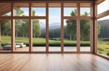 Empty wooden room with large panoramic windows overlooking nature. Stylish minimalist interior - obrazy, fototapety, plakaty