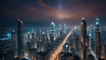 Night envelops a modern metropolis, with the glowing veins of traffic set between the towering architecture of progress.
