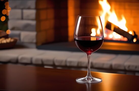 A glass of red wine in front of the fireplace. Image of coziness in the house. 